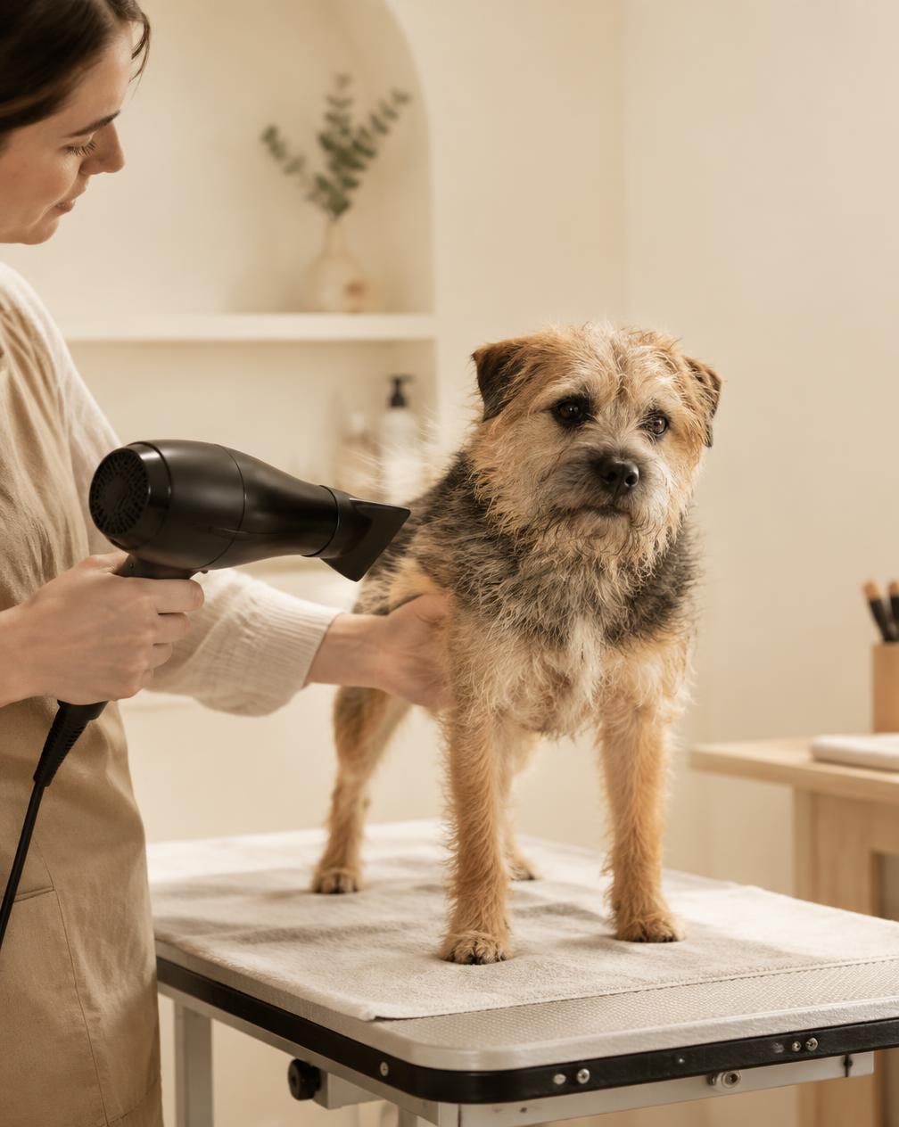 Hund wird im Salon vorsichtig trocken geföhnt