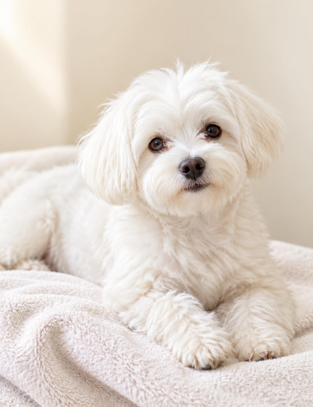 Kleiner weißer Hund liegt entspannt auf einer weichen Decke