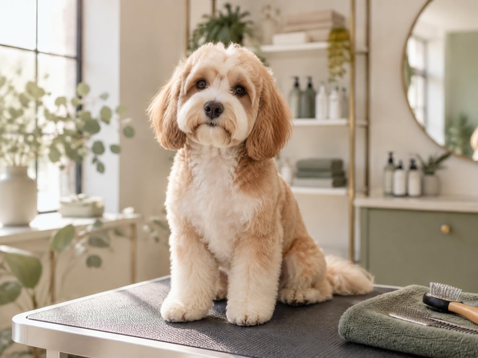 Frisch gepflegter Hund sitzt entspannt im hellen Hundesalon Zottelfell